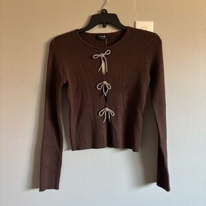 Chic Brown Ribbed Long Sleeve Top with Bow Accents